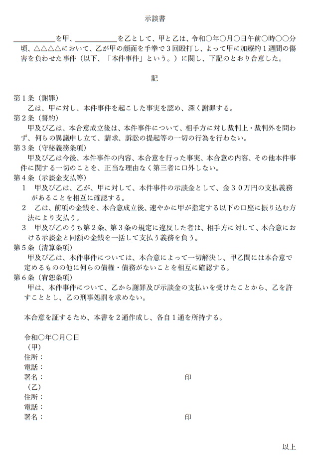 傷害罪の示談金相場を怪我の程度別に一覧表で紹介 示談書テンプレート付き